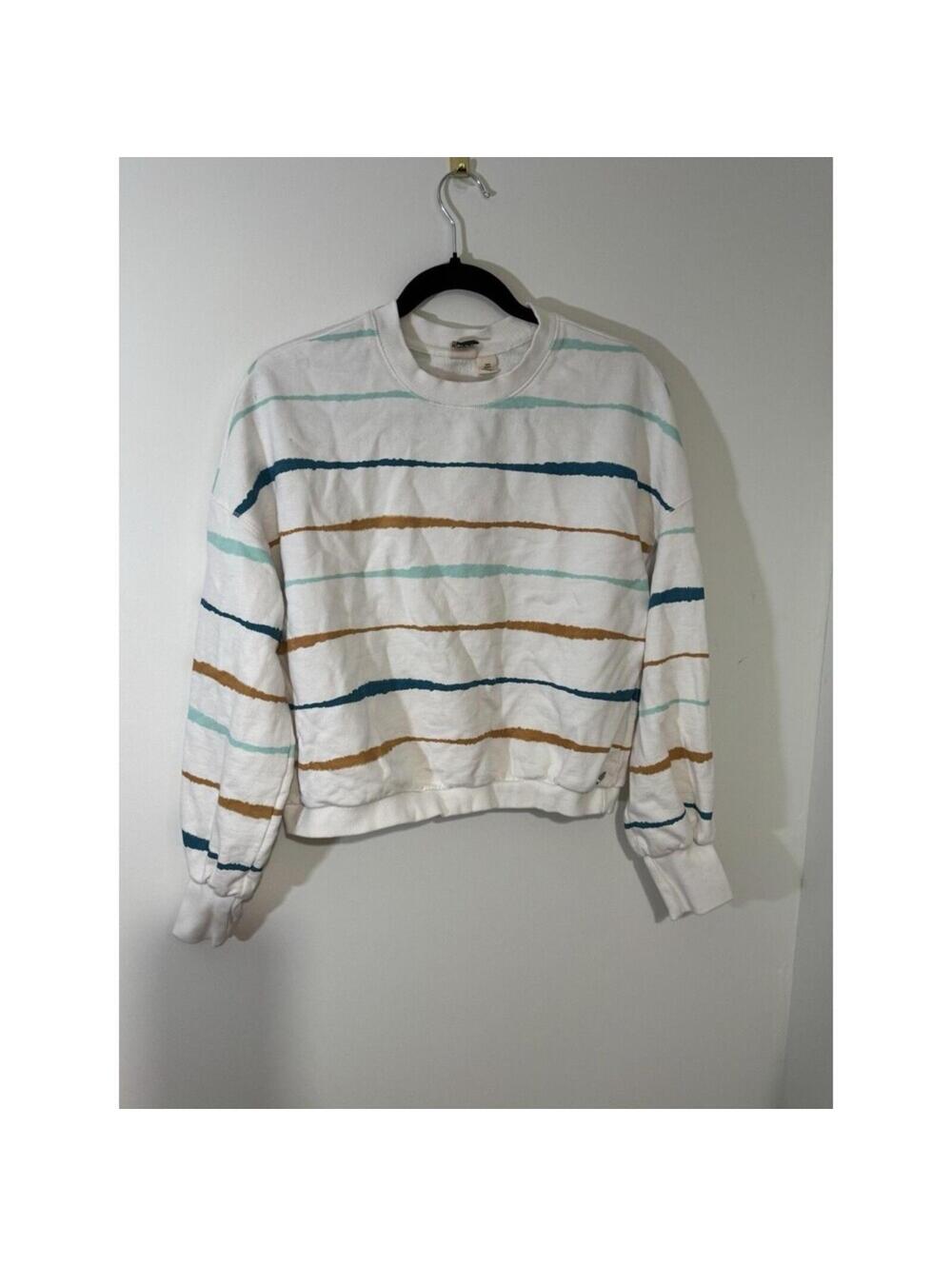 ROXY Striped Pullover Sweatshirt Crew Neck Long Sleeve White Blue Green Brown M